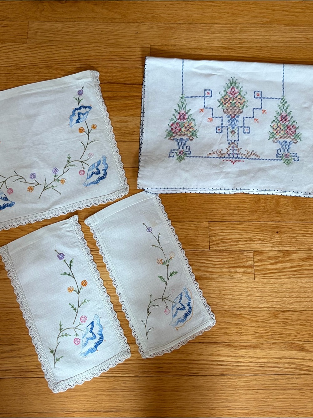 Embroidered Floral Linen like Table Runner & Doilies - Blue & Pastel Accents